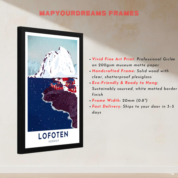 Detailed graphic artwork of the majestic Lofoten coastal winter landscape in Norway with steep snow slopes and historic fishing homes. Created by MapYourDreams, this fine art print is offered in custom framed styles, gallery quality stretched canvas, or simple unframed paper formats for easy framing.