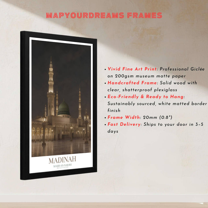Architectural photo print of sacred Al Masjid an Nabawi in Madinah at night with illuminated arches and emerald Green Dome. Built by MapYourDreams, this artwork is available in flexible options including unframed paper, custom wooden frames, and gallery canvas wraps for modern apartment decor.
