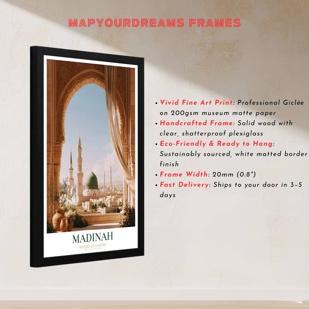 Architectural art print of sacred Al Masjid an Nabawi in Madinah framed by a carved horseshoe arch and emerald Green Dome. Built by MapYourDreams, this artwork is available in flexible options including unframed paper, custom wooden frames, and gallery canvas wraps for modern apartment decor.