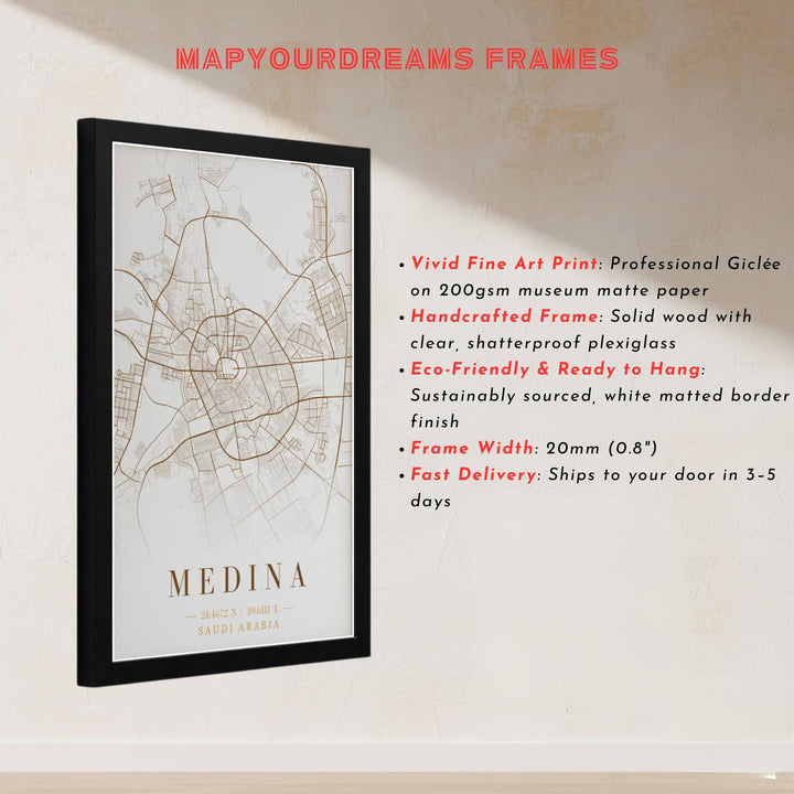 Architectural cartography print of Medina Saudi Arabia showing main avenues, highways, and residential district outlines in gold. Built by MapYourDreams, this artwork is available in flexible options including unframed paper, custom wooden frames, and gallery canvas wraps for modern apartment decor.