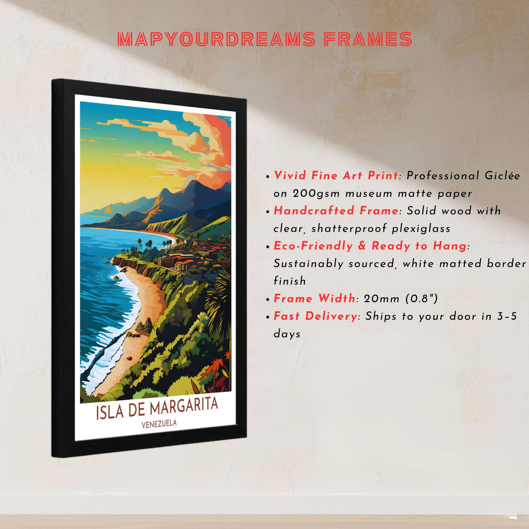 Vector style ocean illustration depicting sunset skies over coastal mountains and golden beaches in Venezuela. Handcrafted by MapYourDreams, customers can select from convenient options like unframed prints, ready-to-hang wooden frames, or gallery canvas wraps.