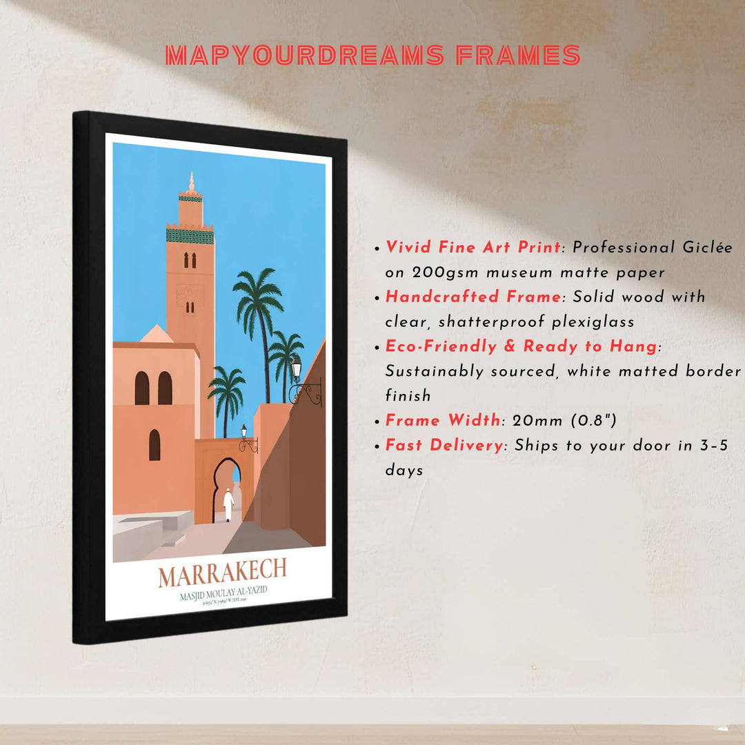 Architectural vector print of sacred Kasbah Mosque in Marrakech with terracotta pink arches and green tile minaret details. Built by MapYourDreams, this artwork is available in flexible options including unframed paper, custom wooden frames, and gallery canvas wraps for modern apartment decor.