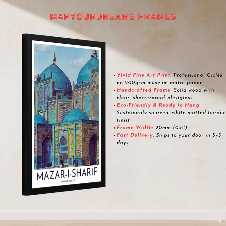 Architectural art print of sacred Shrine of Ali in Mazar-i-Sharif Afghanistan with cobalt blue mosaics and bright turquoise domes. Built by MapYourDreams, this artwork is available in flexible options including unframed paper, custom wooden frames, and gallery canvas wraps for modern apartment decor.
