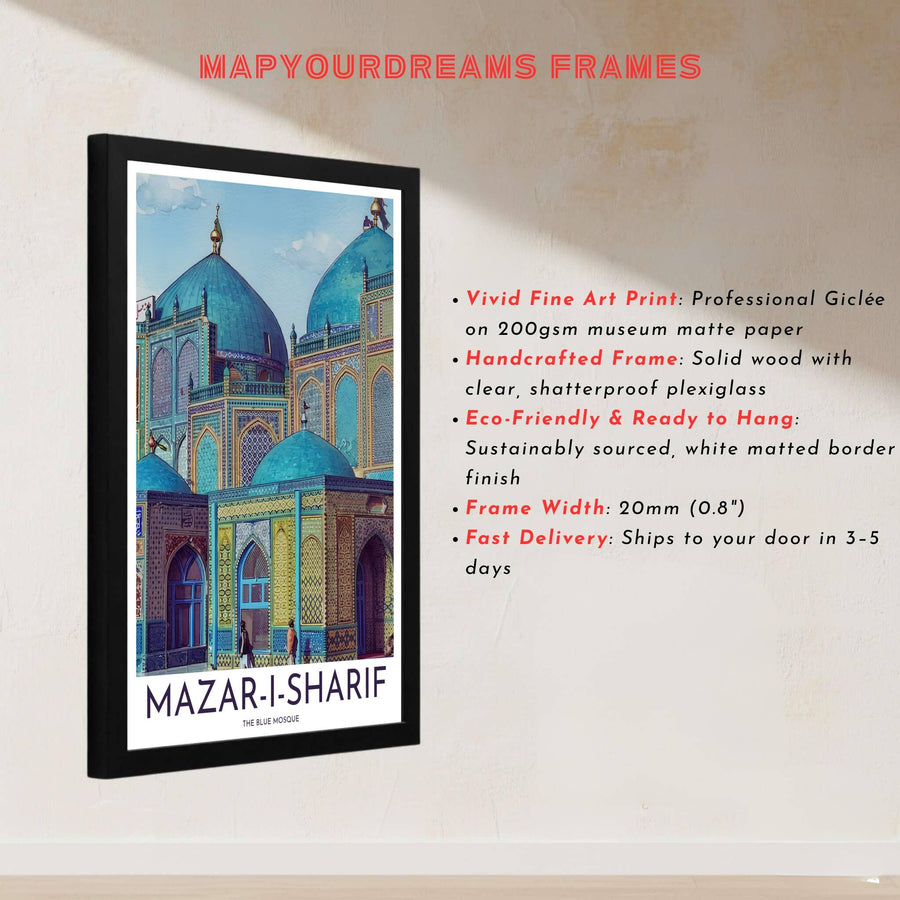 Architectural art print of sacred Shrine of Ali in Mazar-i-Sharif Afghanistan with cobalt blue mosaics and bright turquoise domes. Built by MapYourDreams, this artwork is available in flexible options including unframed paper, custom wooden frames, and gallery canvas wraps for modern apartment decor.