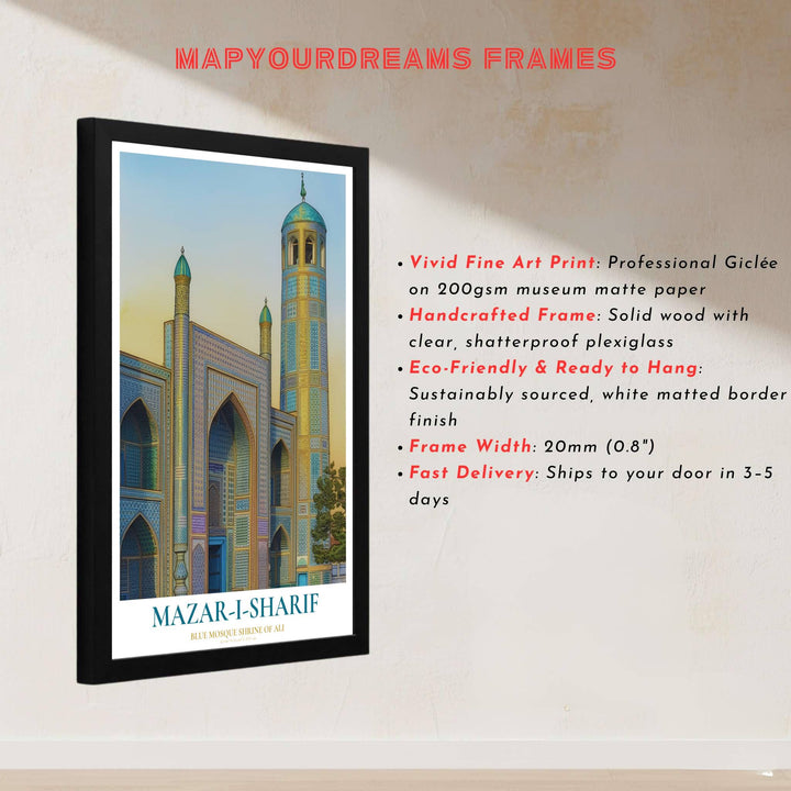 Architectural art print of sacred Shrine of Ali in Mazar-i-Sharif Afghanistan with cobalt blue mosaics and turquoise domes. Built by MapYourDreams, this artwork is available in flexible options including unframed paper, custom wooden frames, and gallery canvas wraps for modern apartment decor.