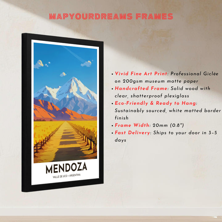 Vector style wine country travel illustration depicting golden vines and majestic snow peaks in central Argentina. Handcrafted by MapYourDreams, customers can select from convenient options like unframed prints, ready-to-hang wooden frames, or gallery canvas wraps.