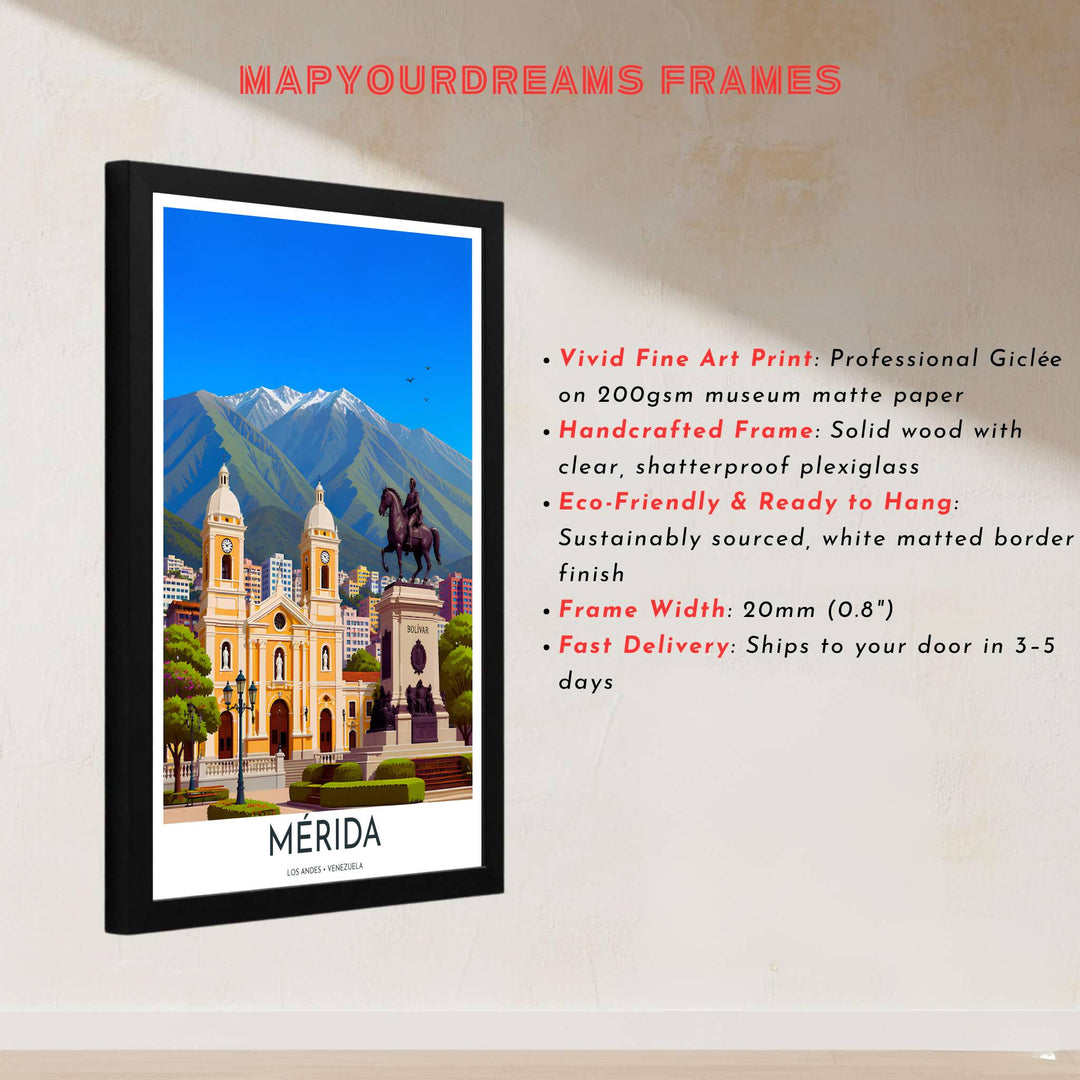 Vector style travel illustration depicting the sunny main square of Mérida and towering Andean ridges in Venezuela. Handcrafted by MapYourDreams, customers can select from convenient options like unframed prints, ready-to-hang wooden frames, or gallery canvas wraps.