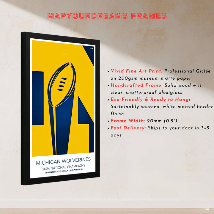 Graphic sports print of the Michigan Wolverines 2024 national championship trophy silhouette with bold color blocking. Built by MapYourDreams, this artwork is available in flexible options including unframed paper, custom wooden frames, and gallery canvas wraps for modern apartment decor.