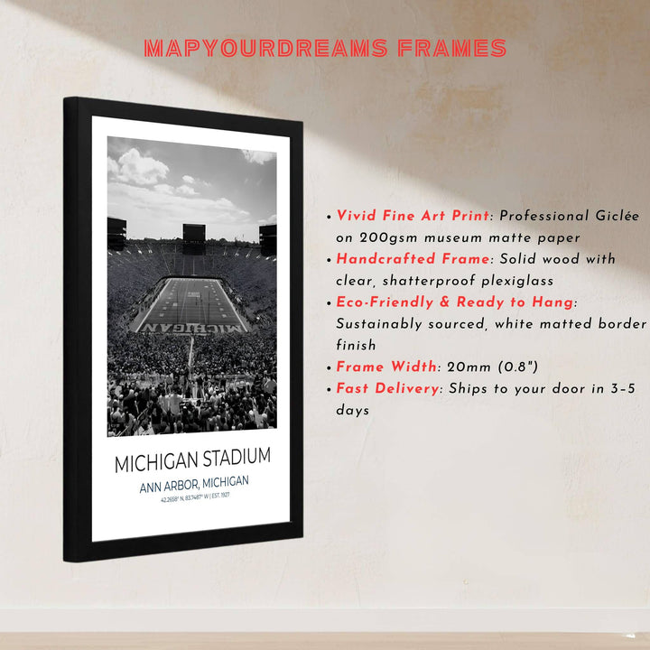 Architectural monochrome sports print of the famous Michigan Stadium bowl in Ann Arbor with packed spectators and goalpost. Built by MapYourDreams, this artwork is available in flexible options including unframed paper, custom wooden frames, and gallery canvas wraps for modern apartment decor.