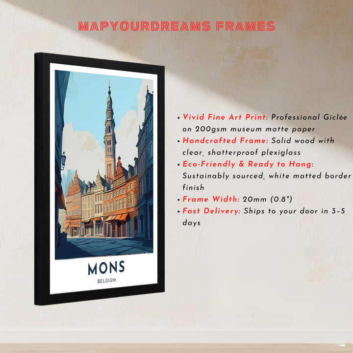 Precise vector travel print showing historic shop fronts, window gables, and the main belfry spire in Mons, Belgium. Offered by MapYourDreams, this artwork is available in flexible options including unframed paper, custom wooden frames, and gallery canvas wraps.
