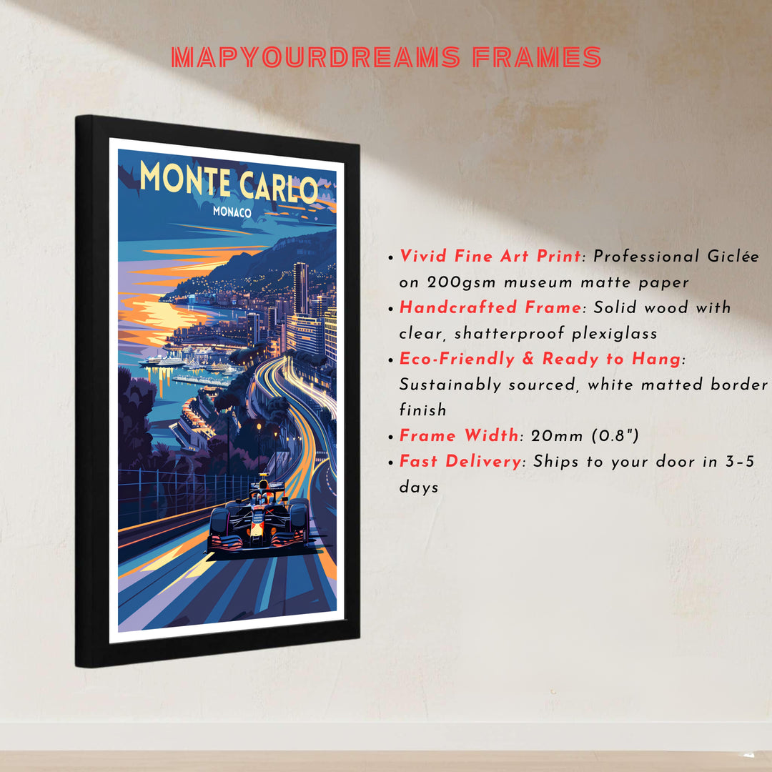 Detailed artistic print of the Monte Carlo circuit in Monaco at dusk, featuring a fast-moving race car against a glowing skyline of luxury high-rises and mountains; select from our collection of canvas prints, unframed prints, or pre-assembled framed wall art finishes.