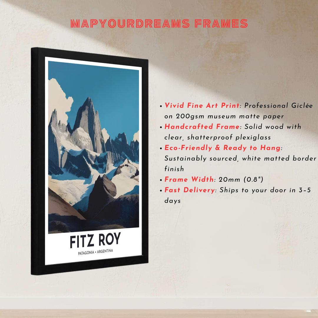 Minimalist mountain travel illustration depicting Mount Fitz Roy and billowing clouds in a refined blue and grey palette. Handcrafted by MapYourDreams, customers can select from convenient options like unframed prints, ready-to-hang wooden frames, or gallery canvas wraps.