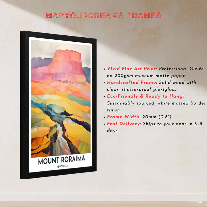 Painterly style tepui illustration depicting a pink sandstone plateau and deep slate blue canyon ravine in central Venezuela. Handcrafted by MapYourDreams, customers can select from convenient options like unframed prints, ready-to-hang wooden frames, or gallery canvas wraps.