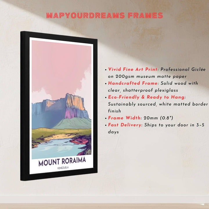 Vector style tepui line illustration depicting a peaceful sunset over the Gran Sabana river and cliffs in central Venezuela. Handcrafted by MapYourDreams, customers can select from convenient options like unframed prints, ready-to-hang wooden frames, or gallery canvas wraps.