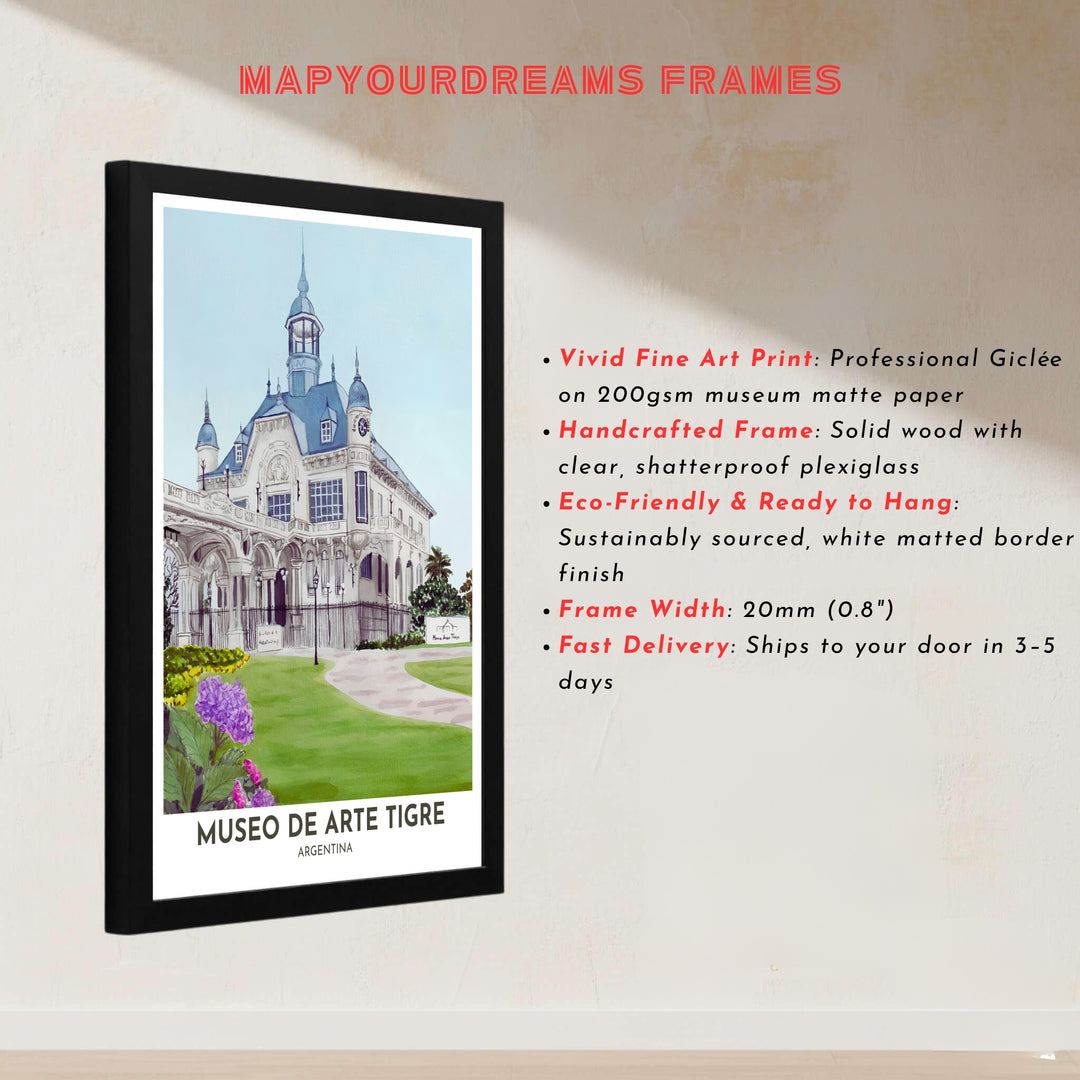 Hand-painted style travel illustration depicting the grand mansion and manicured grounds of Museo de Arte Tigre in Buenos Aires. Handcrafted by MapYourDreams, customers can select from convenient options like unframed prints, ready-to-hang wooden frames, or gallery canvas wraps.