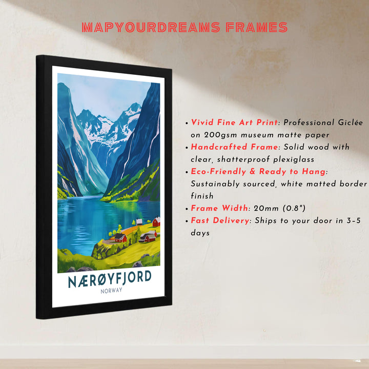 Detailed vector artwork of the majestic Nærøyfjord summer landscape in Norway with steep cliffs and traditional rural homes. Created by MapYourDreams, this fine art print is offered in custom framed styles, gallery quality stretched canvas, or simple unframed paper formats for easy framing.