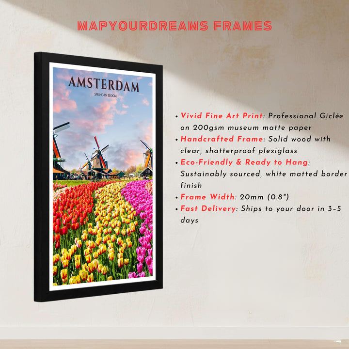 European floral illustration showcasing blooming tulip gardens and rustic windmills captured in soft sunset light in the Netherlands, presented by MapYourDreams with choices for unframed poster prints, museum wrapped canvas, or custom frame finishes in black, white, pure gold, and retro white.