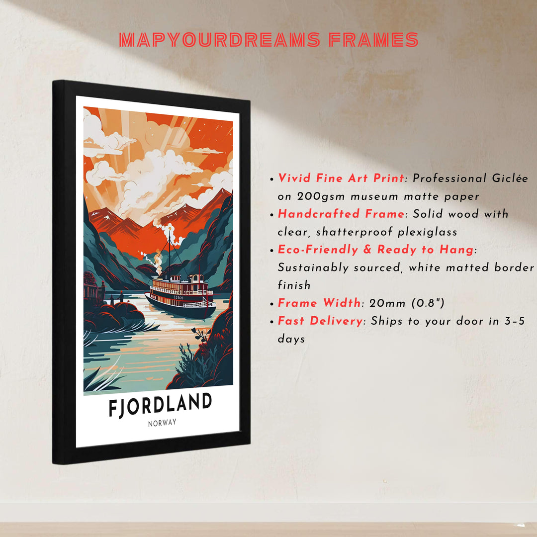 Nostalgic Scandinavian travel print featuring a steamboat cruise through Fjordland Norway surrounded by majestic peak reflections. Created by MapYourDreams, this fine art print is offered in custom framed styles, gallery quality stretched canvas, or simple unframed paper formats for easy framing.