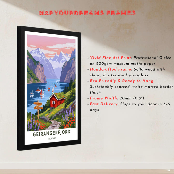 Picturesque coastal print of Geirangerfjord Norway showing traditional Norwegian architecture amidst steep mountains and sunset colors. Created by MapYourDreams, this fine art print is offered in custom framed styles, gallery quality stretched canvas, or simple unframed paper formats for easy framing.
