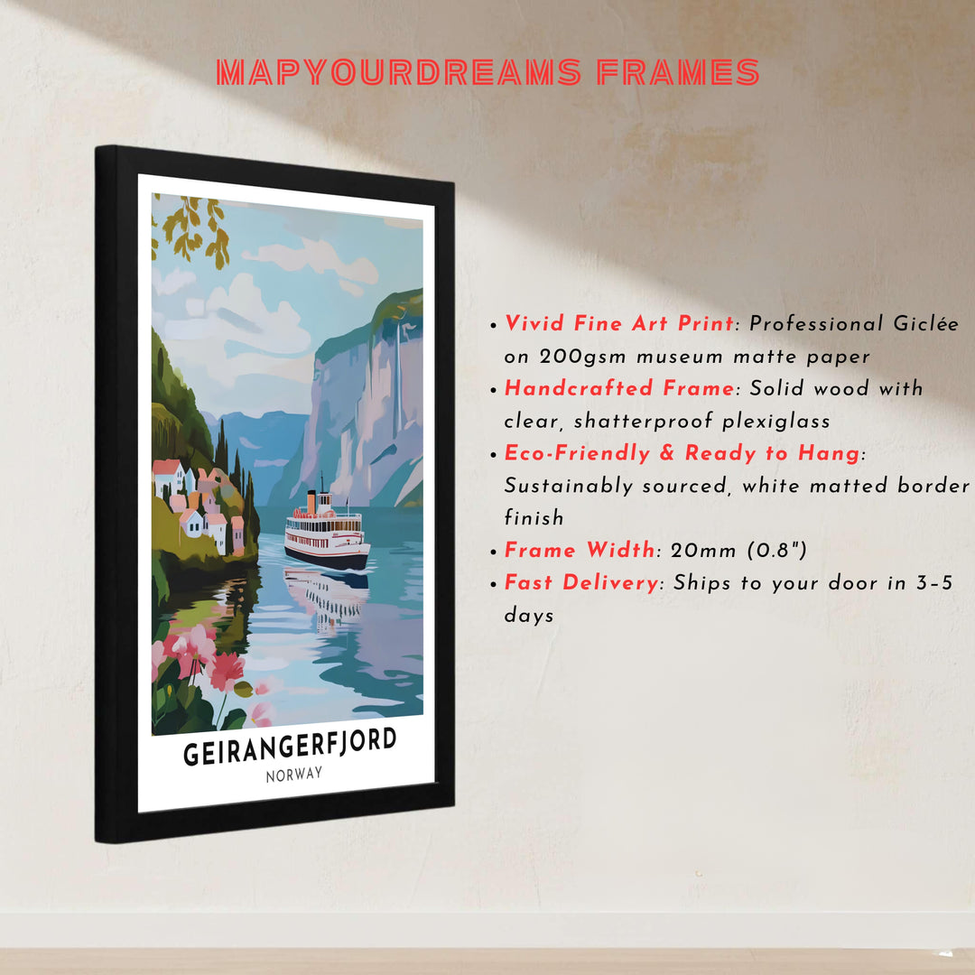 Vintage scenic artwork of a white ferry ship on Geirangerfjord Norway drifting past coastal cliffs and hillside village homes. Transform your room layout with options ranging from unframed paper prints to sturdy framed posters and gallery stretched canvas setups.