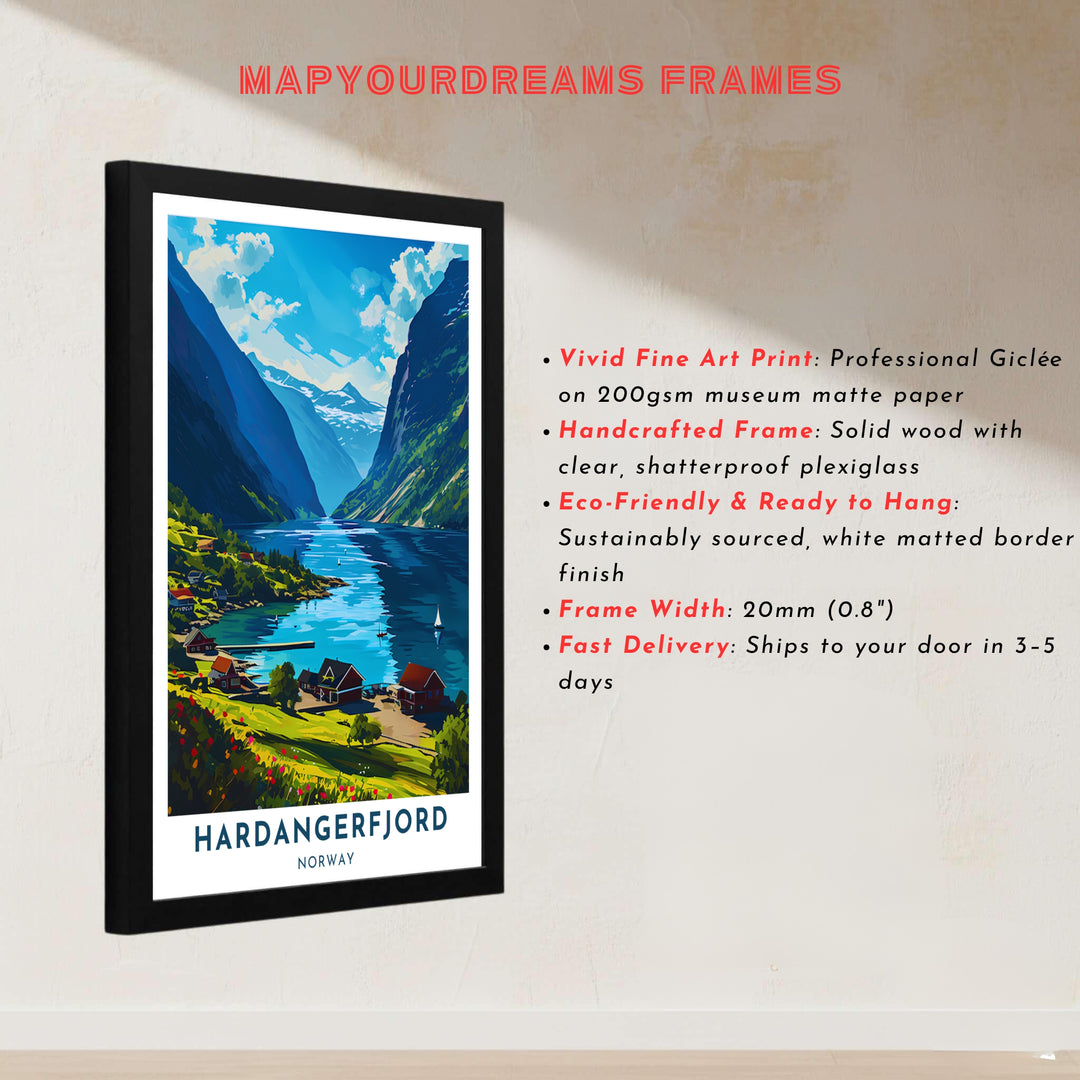 Vibrant scenic artwork of red wooden houses along Hardangerfjord Norway with sailboats navigating gentle summer waters. Transform your living room space with options ranging from unframed paper prints to sturdy framed posters and gallery stretched canvas setups.