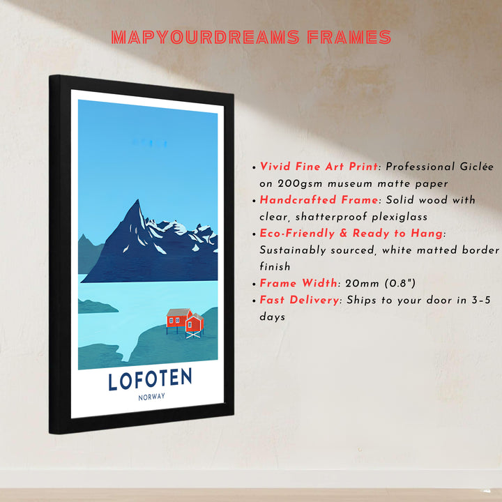 Striking Scandinavian print of Lofoten Norway showing bright red cabins and dark mountain peaks over tranquil blue water. Created by MapYourDreams, this fine art print is offered in custom framed styles, gallery quality stretched canvas, or simple unframed paper formats.