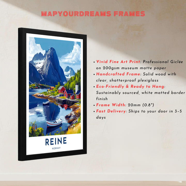 Nordic landscape art of Reine Norway showcasing vibrant red waterfront cabins backed by soaring mountain peaks and clear blue skies. Bring coastal charm home with display options including classic unframed paper, gallery wrapped canvas panels, or fully assembled framed wall art.