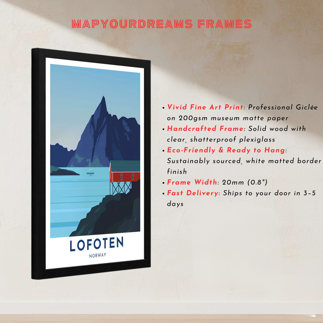 Nordic landscape art of Lofoten Norway showcasing a vibrant red cabin on stilts backed by a tall mountain peak and clear sky. Bring coastal charm home with display options including classic unframed paper, gallery wrapped canvas panels, or fully assembled framed wall art.