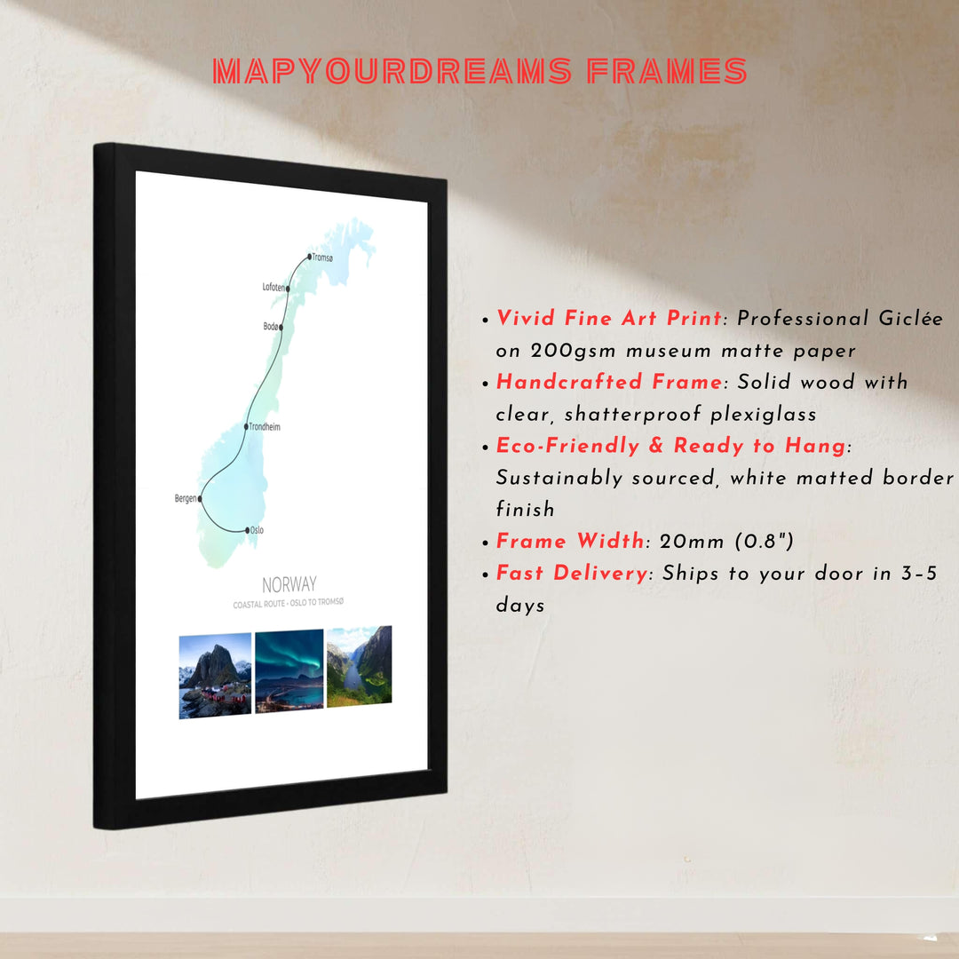 Nordic geography print showcasing the transit line from Oslo to Tromsø with stops in Bodø and Lofoten over an aurora green silhouette. Bring travel inspiration home with options including classic unframed paper, gallery wrapped canvas panels, or fully assembled framed wall art.
