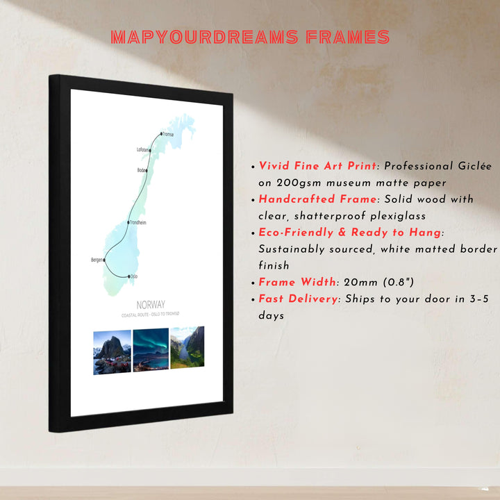 Nordic geography print showcasing the transit line from Oslo to Tromsø with stops in Bodø and Lofoten over an aurora green silhouette. Bring travel inspiration home with options including classic unframed paper, gallery wrapped canvas panels, or fully assembled framed wall art.