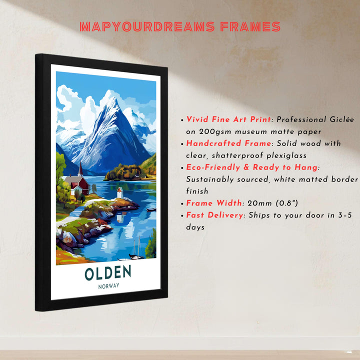 Cartographic style travel poster of Olden Norway portraying a tranquil fjord village surrounded by towering glacier mountain ranges. Transform your wall decor with configurations including simple unframed paper prints, protective framed designs, and gallery wrap canvas panels.