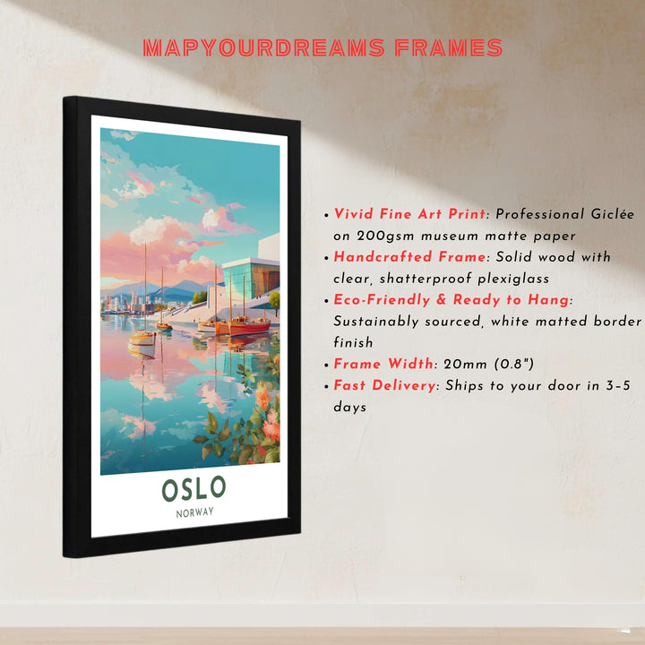 Architectural travel poster showing the Oslo Opera House along the water in soft sunset hues with bold city typography. Transform your living room wall decor with configurations including simple unframed paper prints, protective framed designs, and gallery wrap canvas panels.
