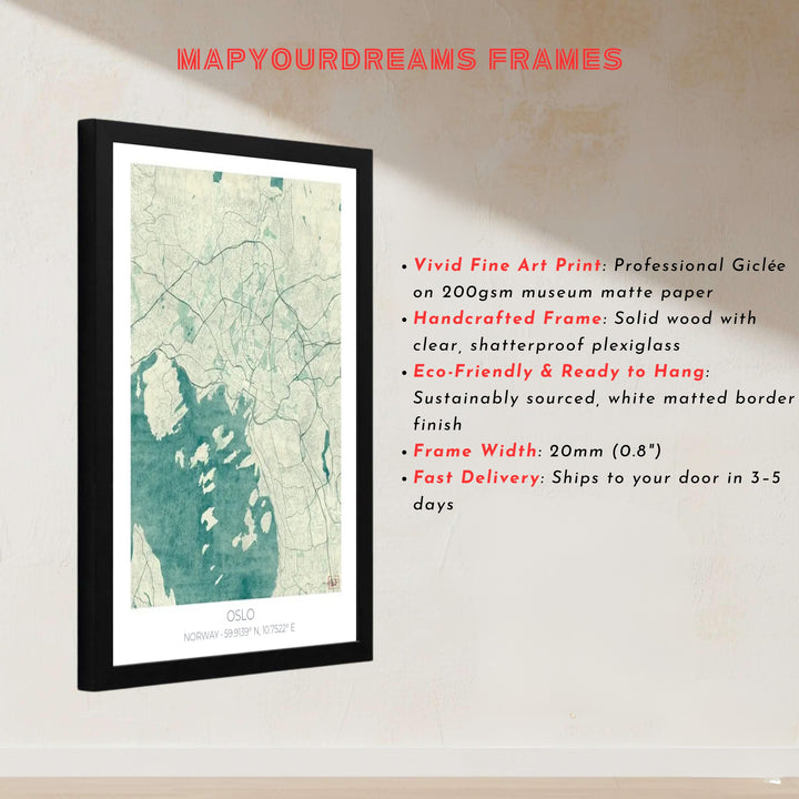 Antique style cartography poster showing Oslo Norway in blue ocean shades over a subtle textured paper surface. Transform your living room wall decor with configurations including simple unframed paper prints, protective framed designs, and gallery wrap canvas panels.