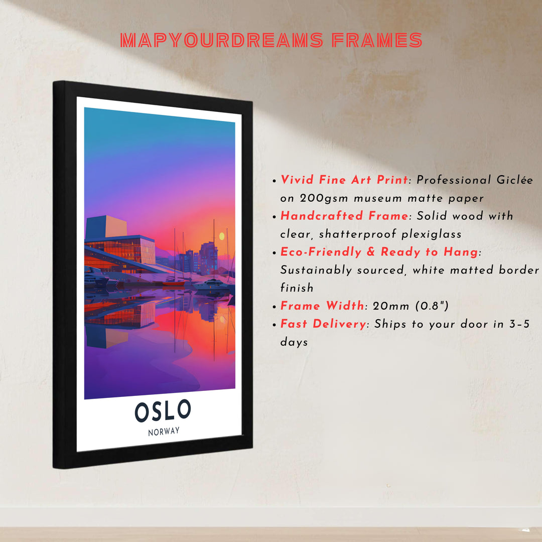 Radiant twilight city poster capturing the Oslo Opera House and coastal fjord waters under a colorful sky in Norway. Transform your living room wall decor with configurations including simple unframed paper prints, protective framed designs, and gallery wrap canvas panels.