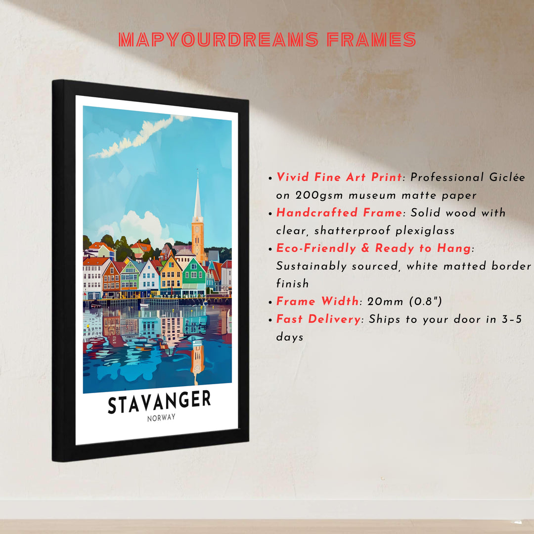 Sunny Norwegian harbor poster showing the picturesque wooden storefronts of Stavanger Norway lined up beneath a wide blue sky. Transform your living room wall decor with configurations including simple unframed paper prints, protective framed designs, and gallery wrap canvas panels.