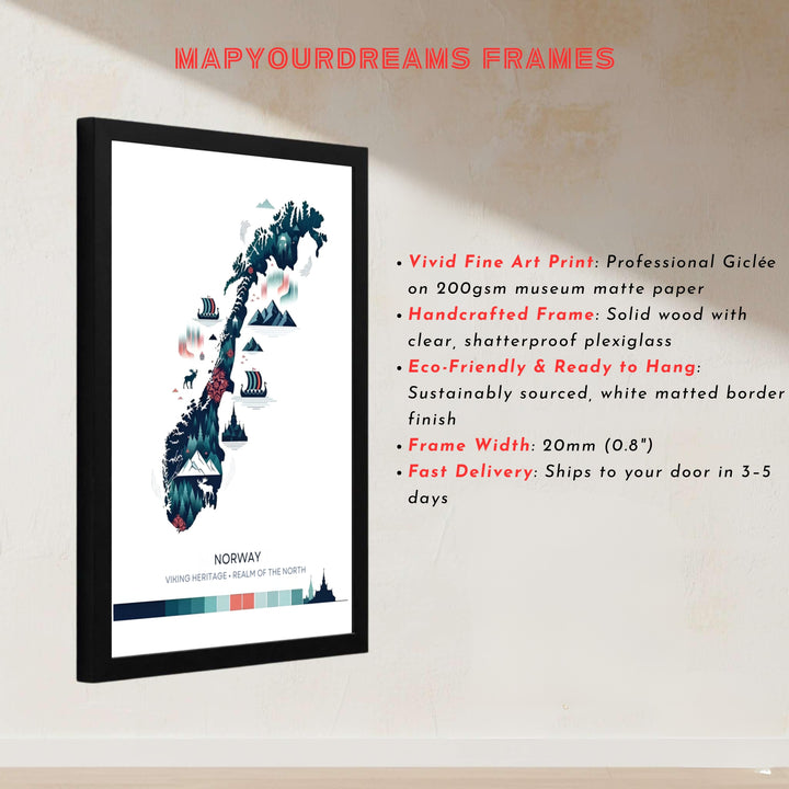 Modern graphic folklore poster showing the silhouette of Norway filled with pine trees, reindeer, and coastal Viking boats on a white background. Transform your living room wall decor with configurations including simple unframed paper prints, protective framed designs, and gallery wrap canvas panels.