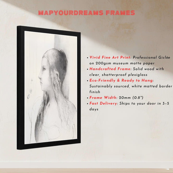 Odilon Redon’s 1894 Symbolist portrait of Brünnhilde, capturing fine pencil lines and classical profile beauty. Available at MapYourDreams, this design accommodates diverse tastes with unframed art paper, wooden or metallic frames, and stretched canvas wraps.