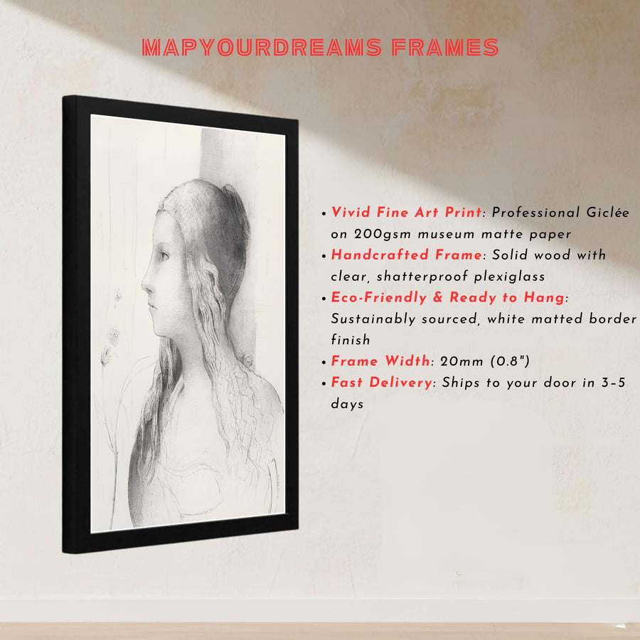 Odilon Redon’s 1894 Symbolist portrait of Brünnhilde, capturing fine pencil lines and classical profile beauty. Available at MapYourDreams, this design accommodates diverse tastes with unframed art paper, wooden or metallic frames, and stretched canvas wraps.