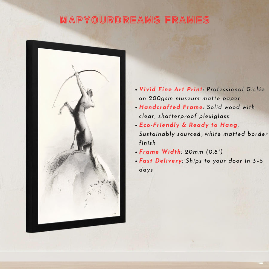 Odilon Redon’s 1895 Symbolist portrait of a centaur archer in Centaur Aiming At The Clouds, capturing mythic grace and tension. Available at MapYourDreams, this design accommodates diverse interior tastes with unframed art paper, wooden or metallic frames, and stretched canvas wraps.