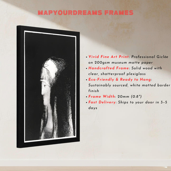 Odilon Redon’s 1891 Symbolist portrait of a priestess in Druidesse, capturing veil textures and classical beauty. Available at MapYourDreams, this design accommodates diverse interior tastes with unframed art paper, wooden or metallic frames, and stretched canvas wraps.