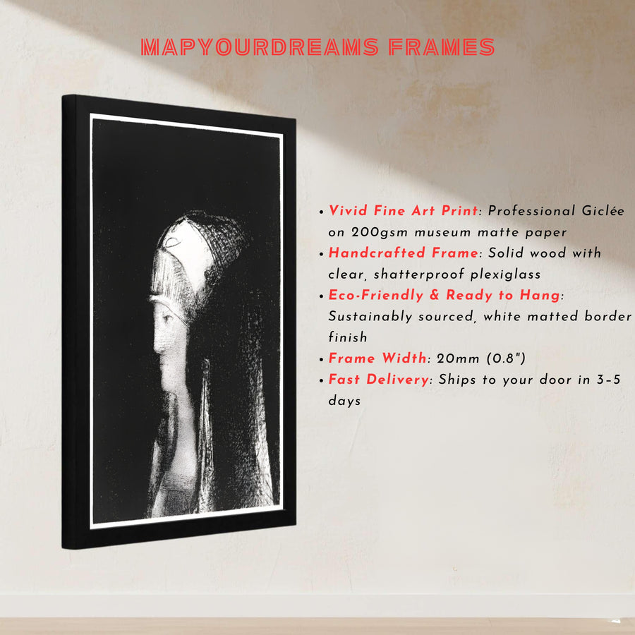 Odilon Redon’s 1891 Symbolist portrait of a priestess in Druidesse, capturing veil textures and classical beauty. Available at MapYourDreams, this design accommodates diverse interior tastes with unframed art paper, wooden or metallic frames, and stretched canvas wraps.