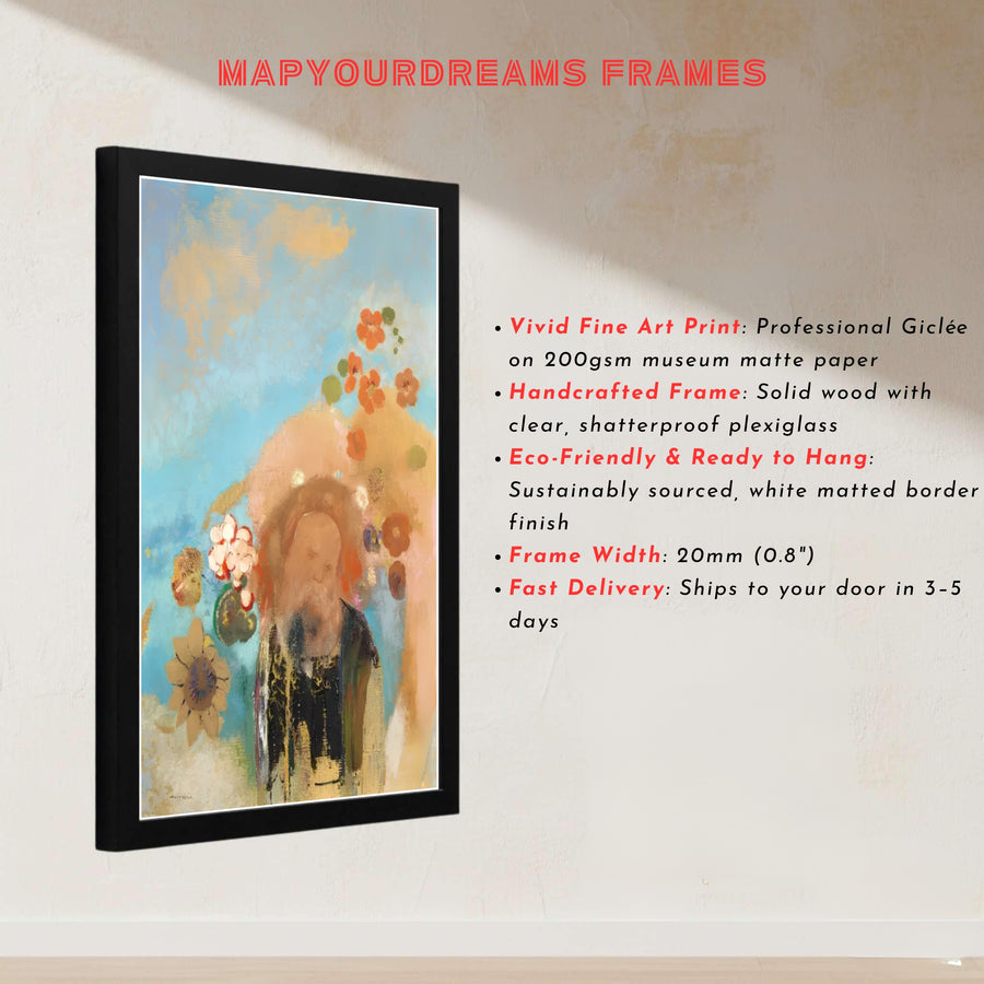 Odilon Redon’s 1912 Symbolist portrait in Evocation Of Roussel, capturing soft floral elements and celestial blue backgrounds. Available at MapYourDreams, this design accommodates diverse interior tastes with unframed art paper, wooden or metallic frames, and stretched canvas wraps.