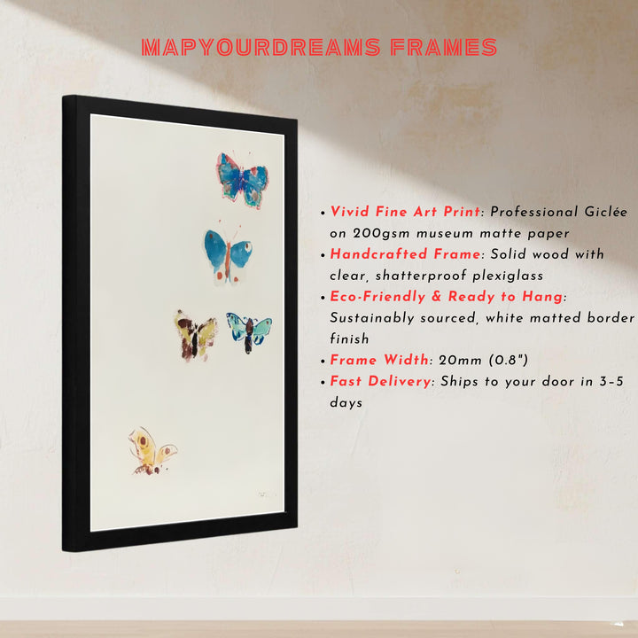 Odilon Redon’s 1910 Symbolist nature study in Five Butterflies, capturing soft insect wings and celestial blue accents. Available at MapYourDreams, this design accommodates diverse interior tastes with unframed art paper, wooden or metallic frames, and stretched canvas wraps.