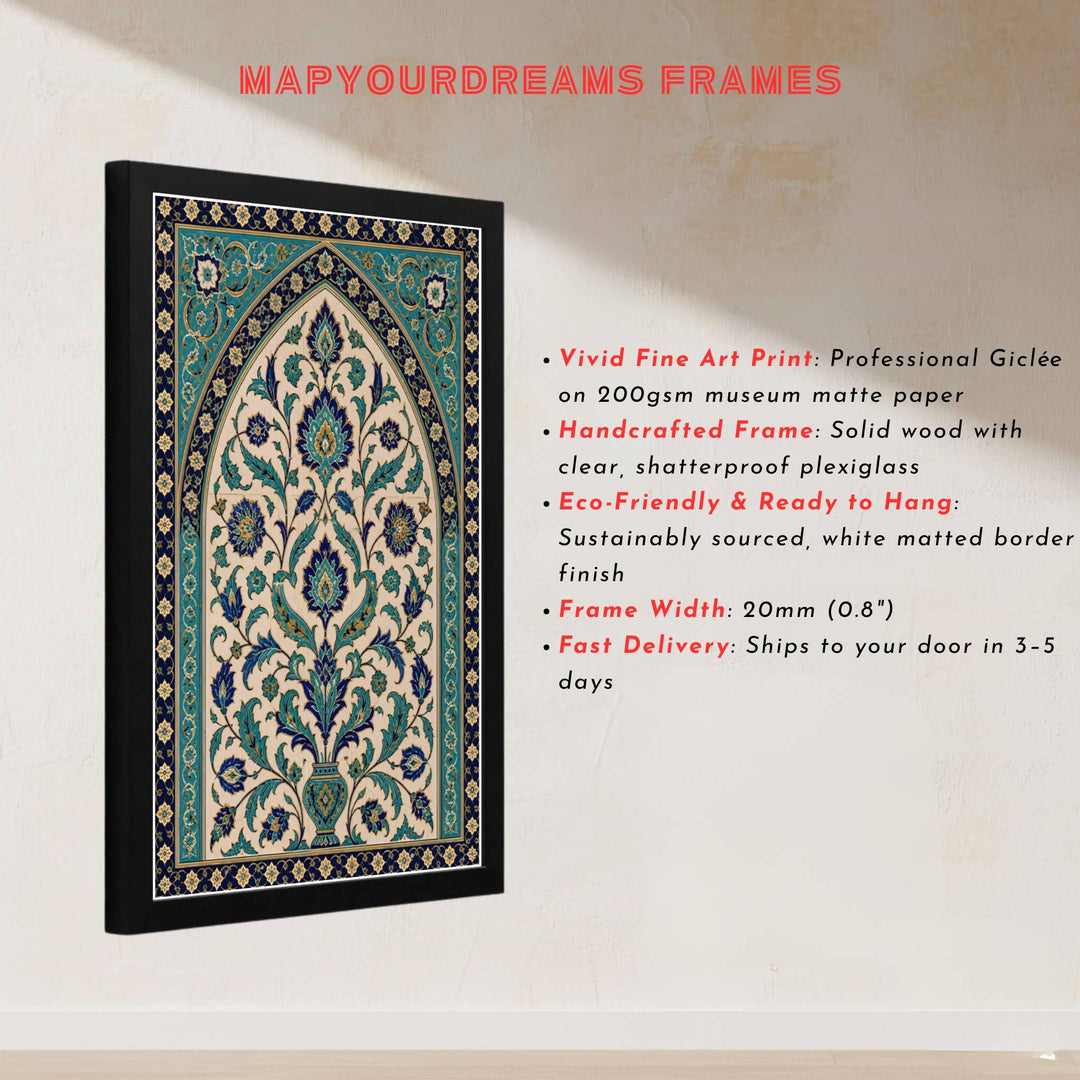 Architectural art print of sacred Ottoman tilework inspired by Topkapi Palace and Blue Mosque ceramic panels in Istanbul. Built by MapYourDreams, this artwork is available in flexible options including unframed paper, custom wooden frames, and gallery canvas wraps for modern apartment decor.