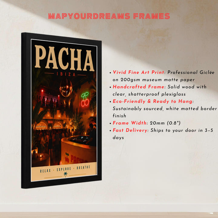 Crimson neon venue photography poster with retro header typography for Pacha in Ibiza, Spain, presented by MapYourDreams with choices for unframed prints, museum wrapped canvas, or custom frame finishes in black, white, pure gold, and retro black.