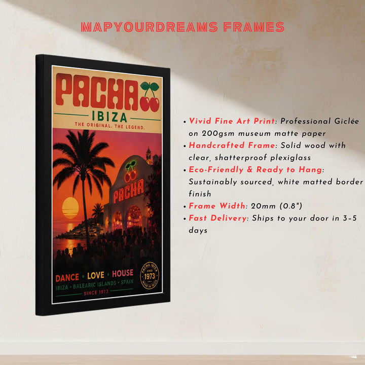 Classic Ibiza club poster displaying red cherry neon sign and crowd gathered outside Pacha venue in Balearic Islands, offered by MapYourDreams as an unframed paper print, ready-to-hang gallery canvas, or custom framed print in retro black and retro w