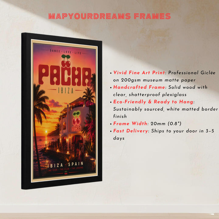 Classic Ibiza venue art print showcasing the iconic red cherry logo mounted on the whitewashed Pacha building facade during sunset, offered by MapYourDreams as an unframed paper print, stretched canvas wall art, or custom framed print in natural wood.