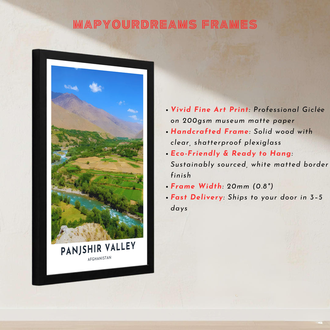 Detailed photo print capturing the turquoise water channel and green agricultural terraces of Panjshir Valley, Afghanistan. Offered by MapYourDreams as an unframed print, canvas wall art decor, or a custom framed wall print in pure gold and bronze frames for office environments.