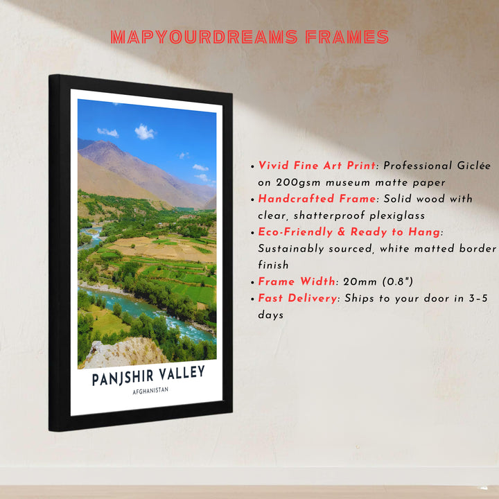 Detailed photo print capturing the turquoise water channel and green agricultural terraces of Panjshir Valley, Afghanistan. Offered by MapYourDreams as an unframed print, canvas wall art decor, or a custom framed wall print in pure gold and bronze frames for office environments.