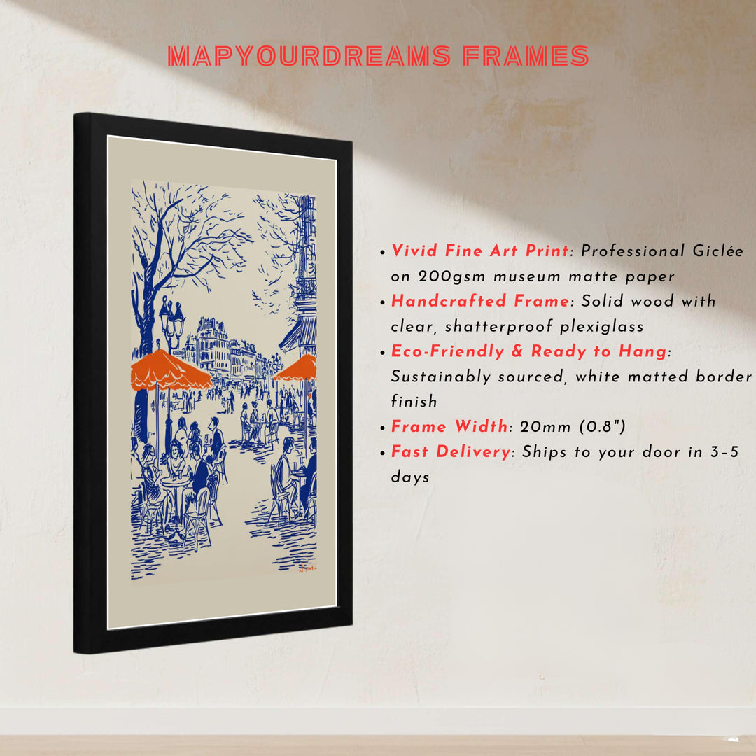 European city street illustration print showing tree-lined avenues and outdoor dining in Paris France. MapYourDreams presents quality framed, unframed, and canvas print options for home decor.